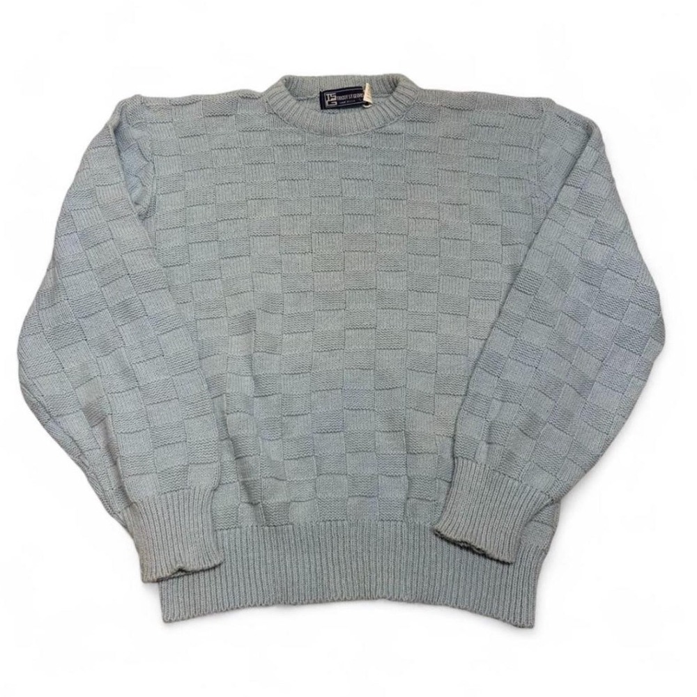 Tricot St George Vintage Blue Cotton Checkerboard Knit Crewneck Sweater Mens L
